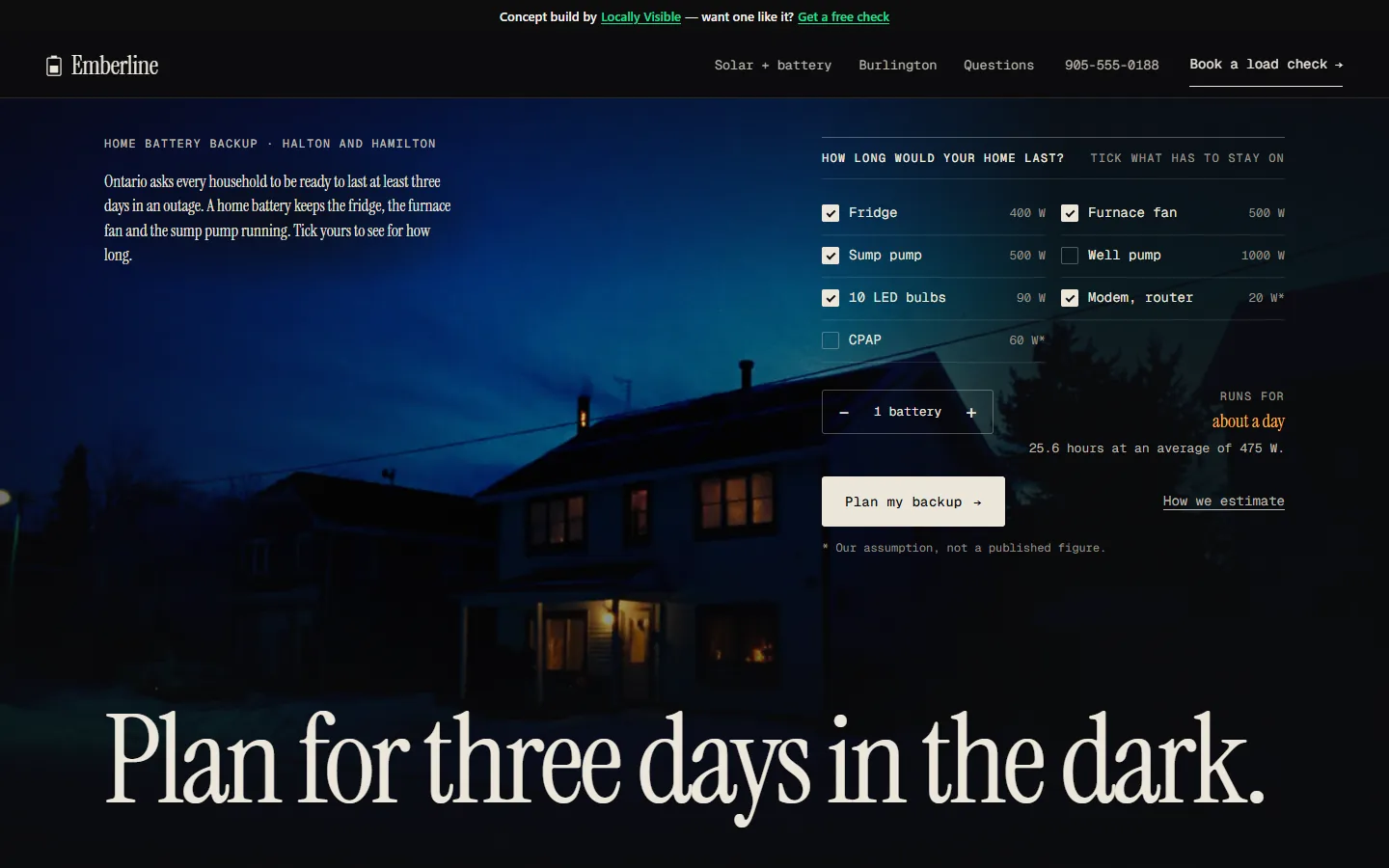 Emberline Power concept home page: one lit house on a dark winter street above an outage-runtime calculator