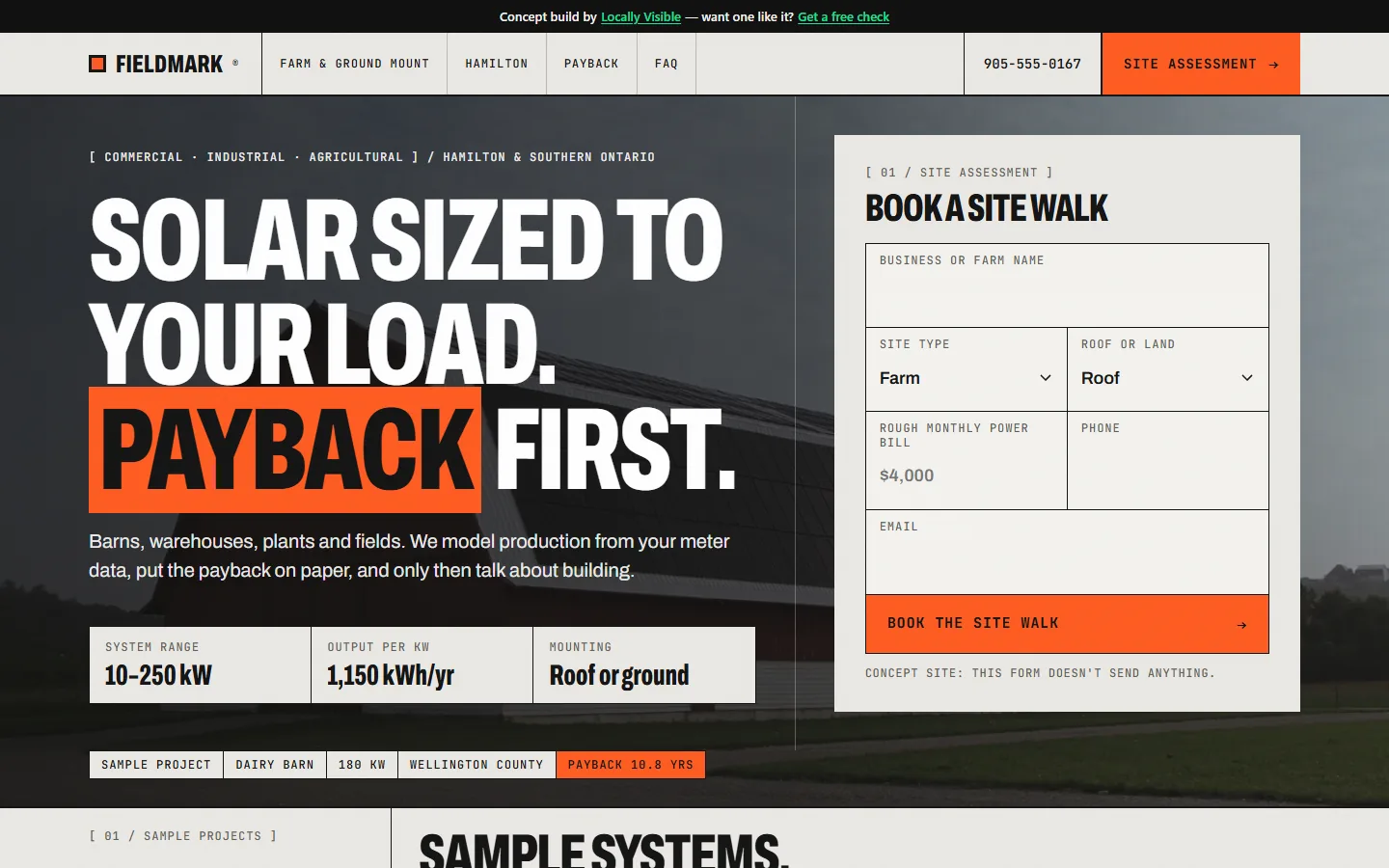 Fieldmark Energy concept home page: a condensed headline about payback beside a site-assessment form
