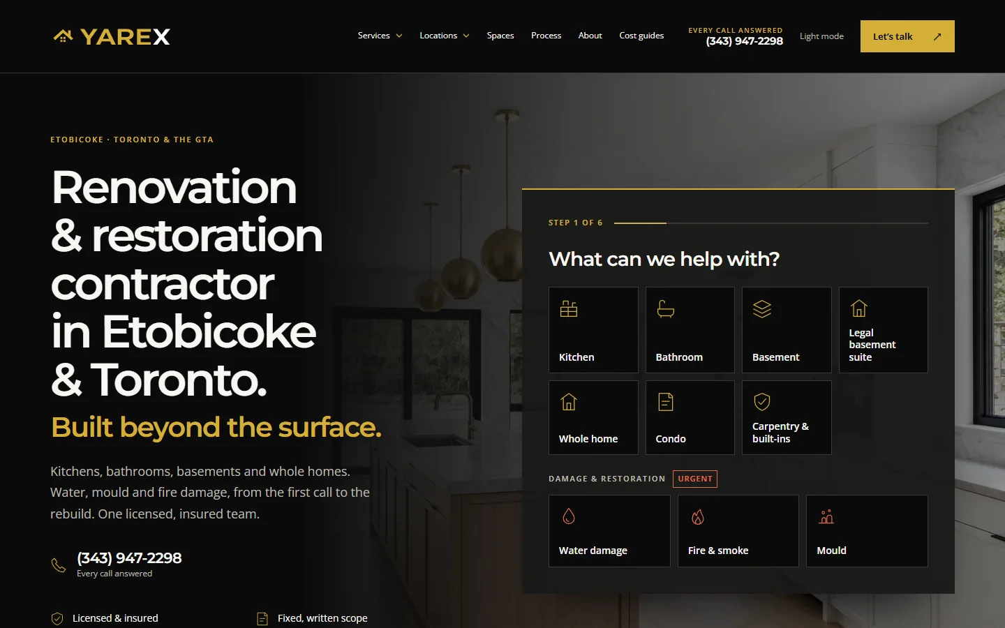 yarexrenovation.ca home page: the gold YAREX wordmark on black, the headline Renovation & restoration contractor in Etobicoke & Toronto, and a six-step estimate form